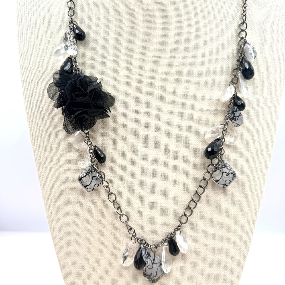 Vintage Gunmetal Black Fabric Flower Necklace with Beaded Teardrop Boho